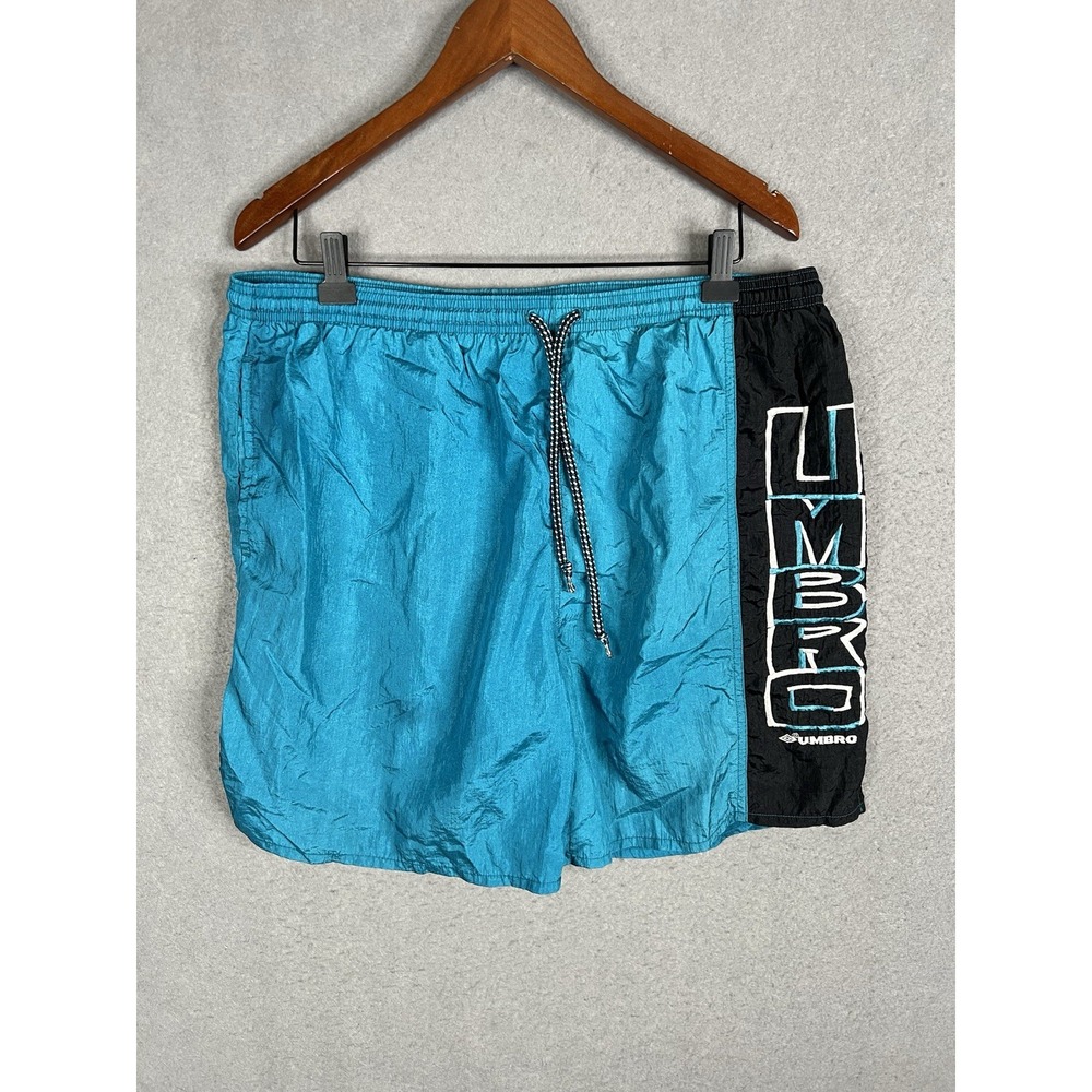 Vintage 90's‎ Umbro Soccer Shorts Men's XL Spellout Drawstring Colorblock Blue